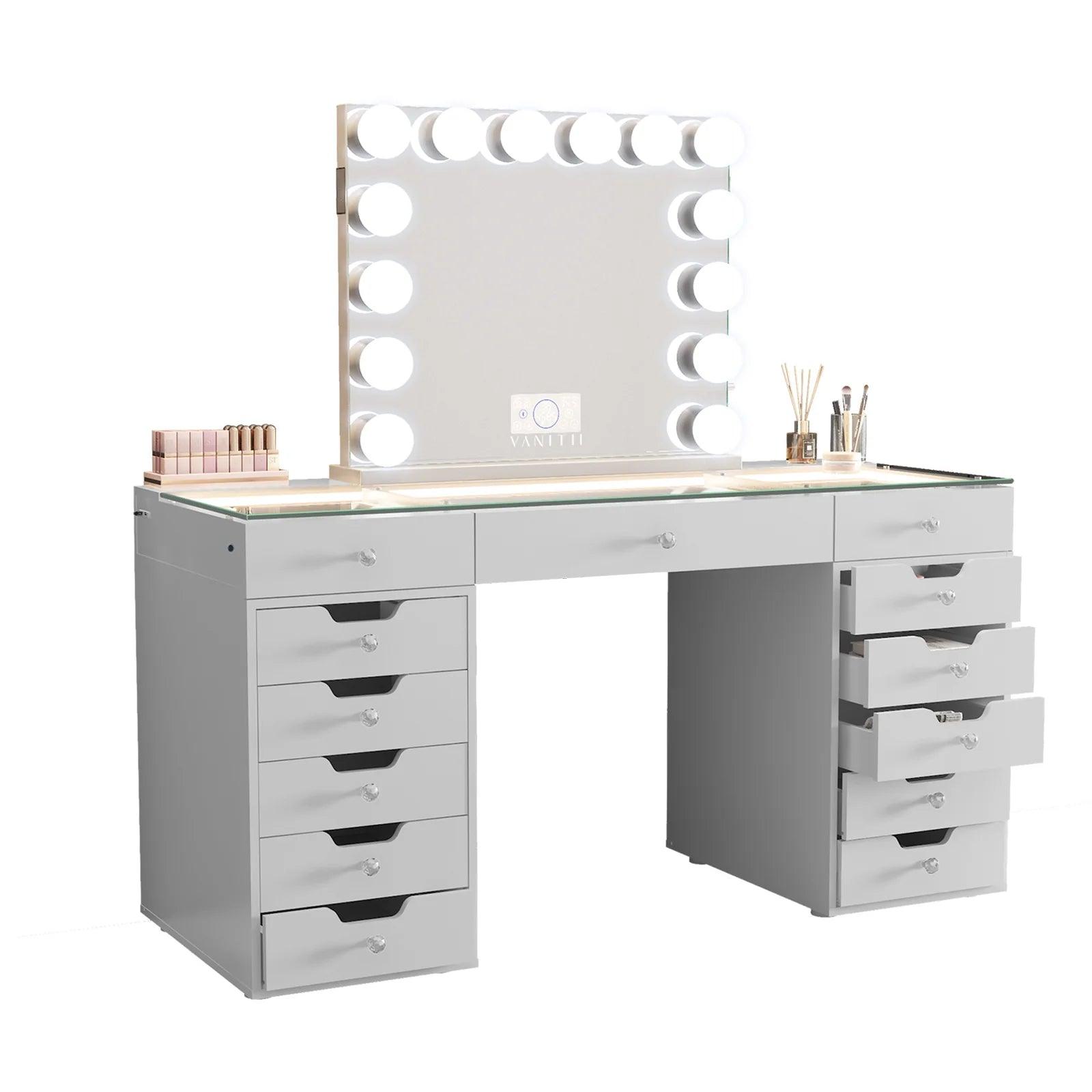 Eva Vanity Desk - 13 Storage Drawers with Mirror Hollywood led 15 bulbs - Decor Luxury