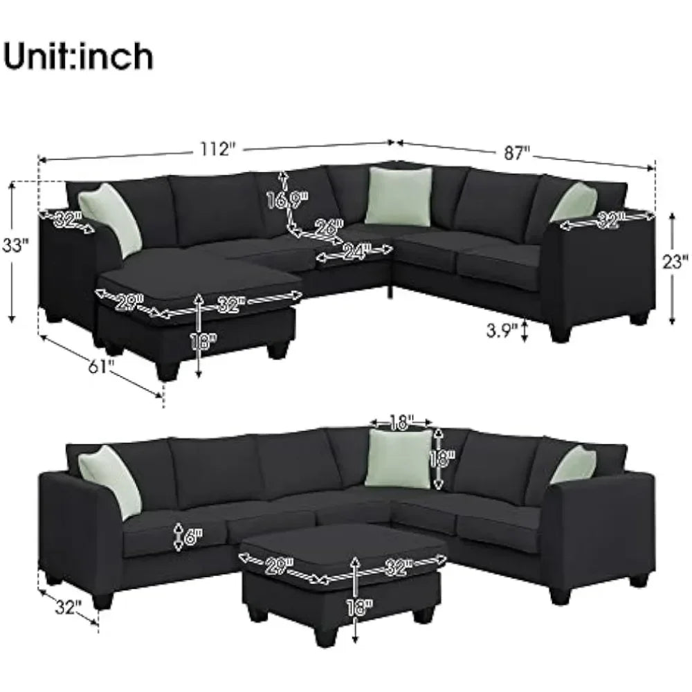 Modern Large U-Shaped 7-Seat Fabric Sectional Sofa with Movable Ottoman