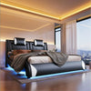 Modern Queen Faux Leather Platform Bed with LED Lighting & Wave-Like Design