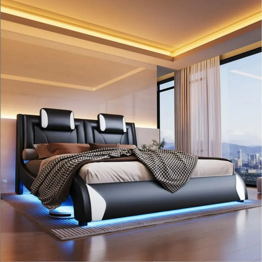 Modern Queen Faux Leather Platform Bed with LED Lighting & Wave-Like Design
