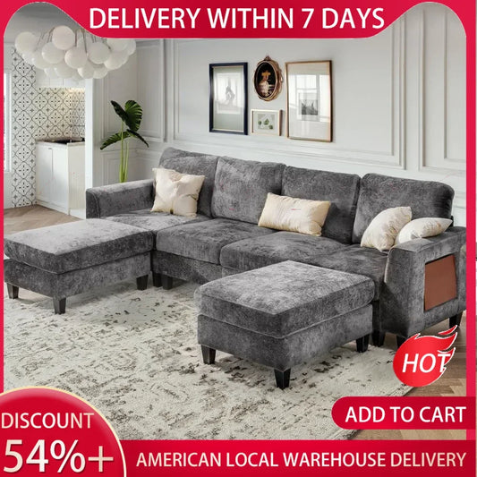 118" U-Shaped Modular Sofa with Ottoman & Foldable Side Table, Brown
