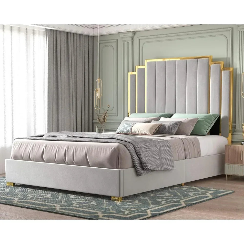 Queen Upholstered Platform Bed with Golden Trim and 61" Headboard.
