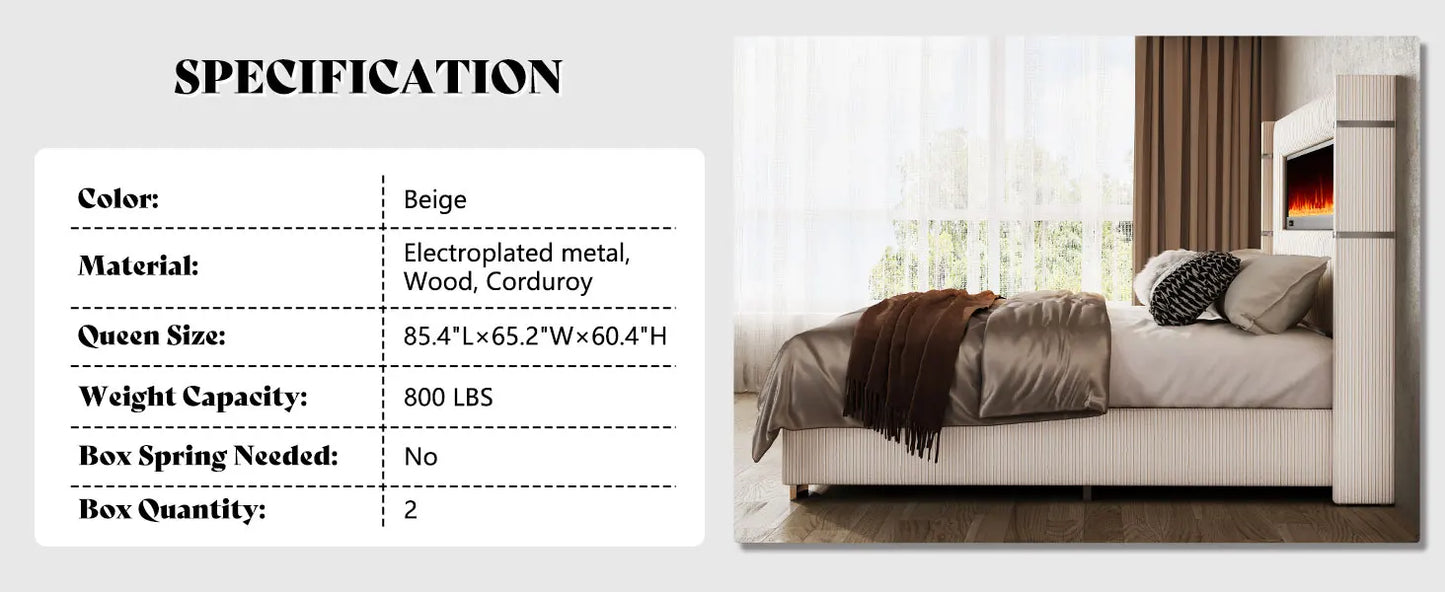 Modern Queen Size Wingback Platform Bed Frame with Built-in Fireplace