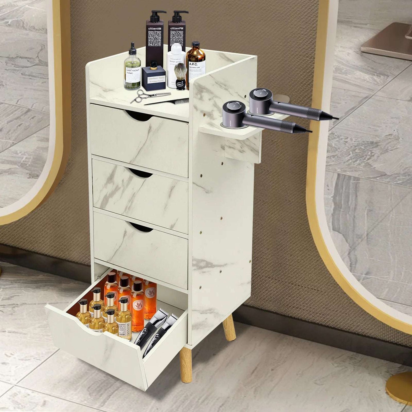 Station Organizer Equipment with 2 Hair Dryer Holders and 4 Drawers for Spa
