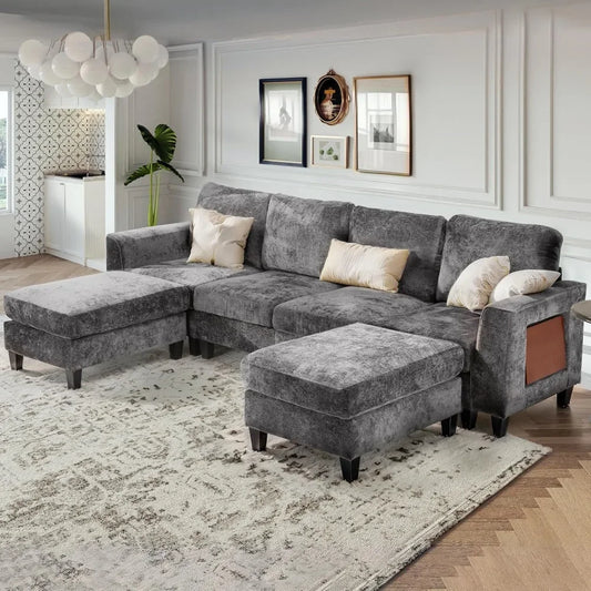 118" U-Shaped Modular Sofa with Ottoman & Foldable Side Table, Brown