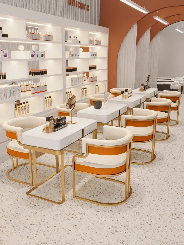 Beige Designer Dining Chairs with Gold Legs & Floor Protectors