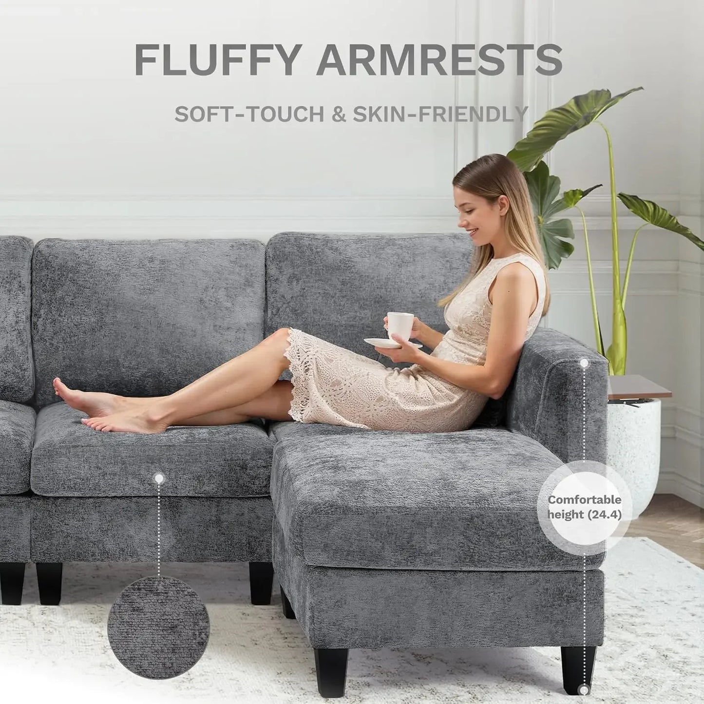118" U-Shaped Modular Sofa with Ottoman & Foldable Side Table, Brown
