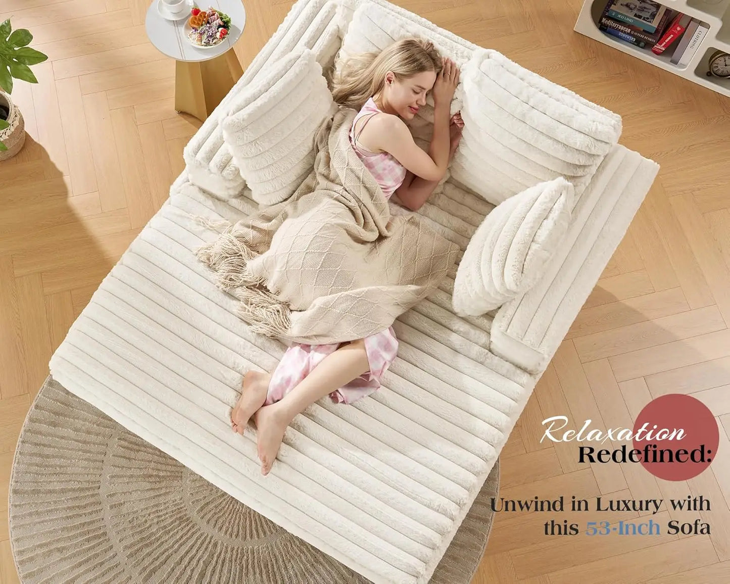 53" Off-White Upholstered Chaise Lounge Sleeper with Pillows & Armrests