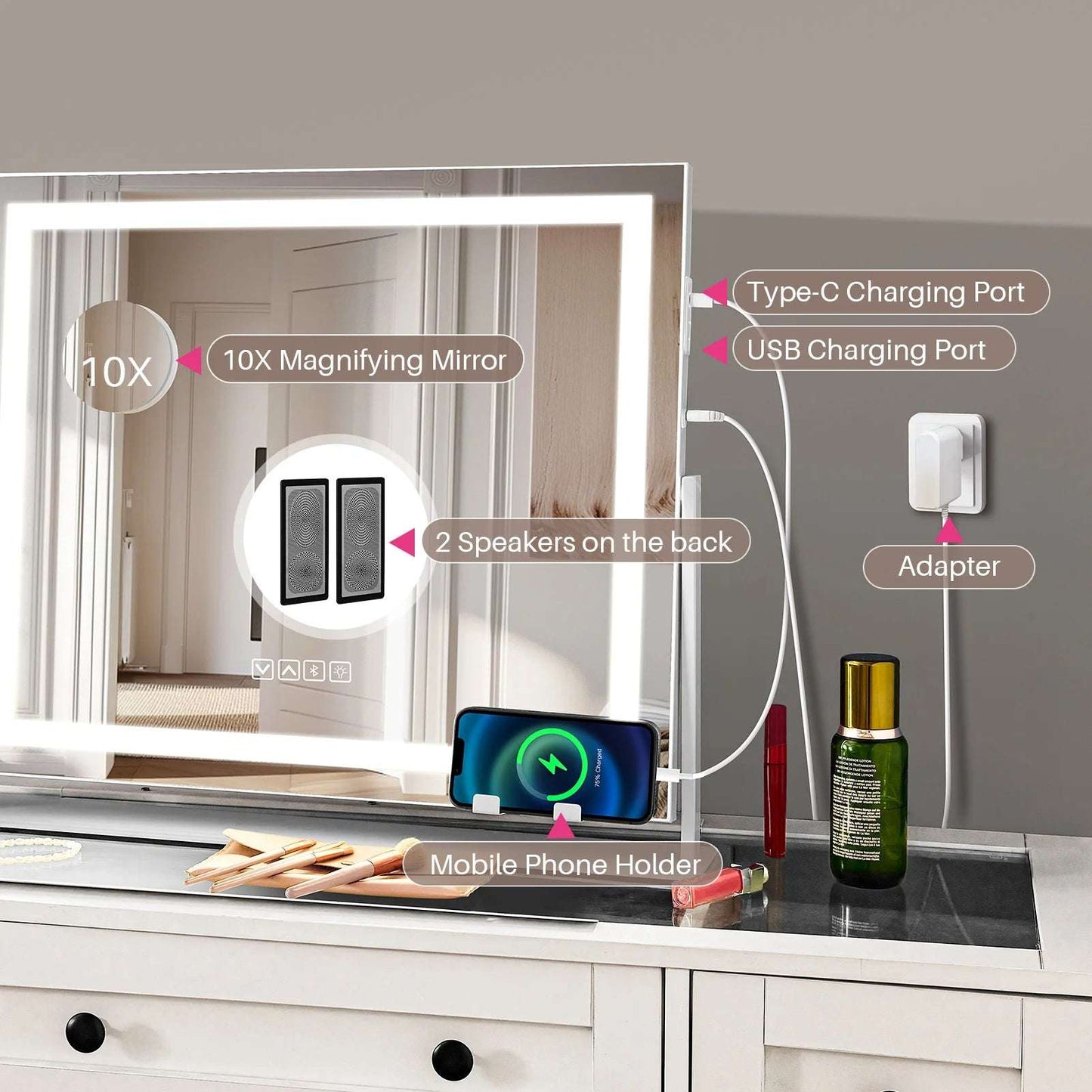 Makeup Mirror ,USB Phone Holder 2 Speakers