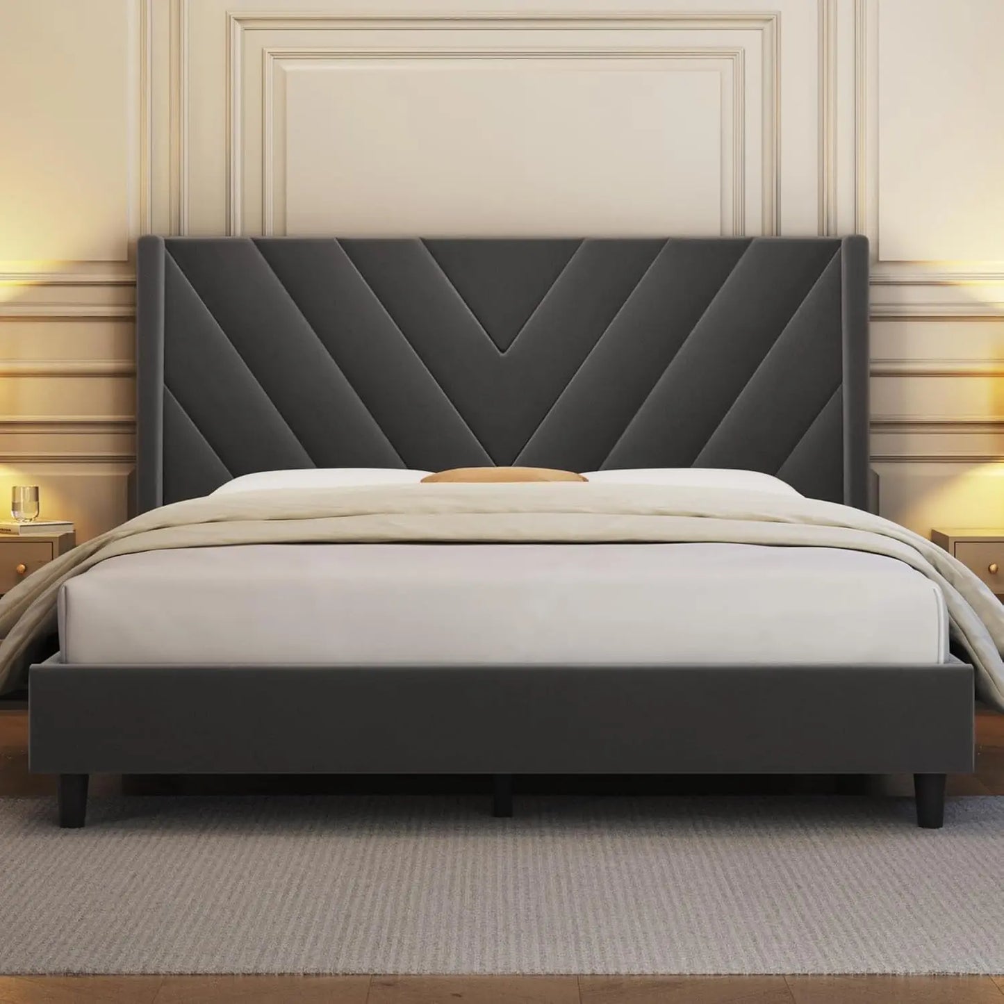 Queen Upholstered Platform Bed with Tufted Wingback Headboard & Wooden Slat Support