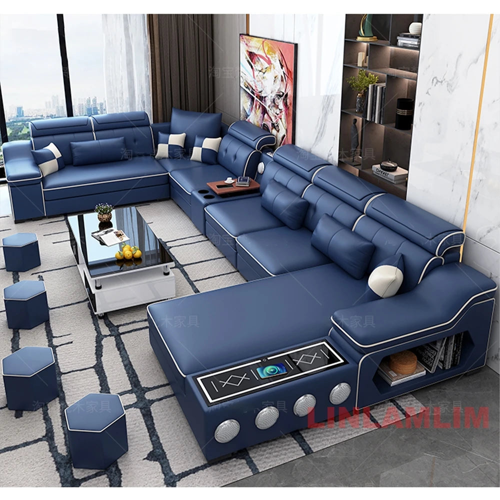 MANBAS Modern Sectional Sofa with Chaise Lounge, Bluetooth Speakers & USB Ports