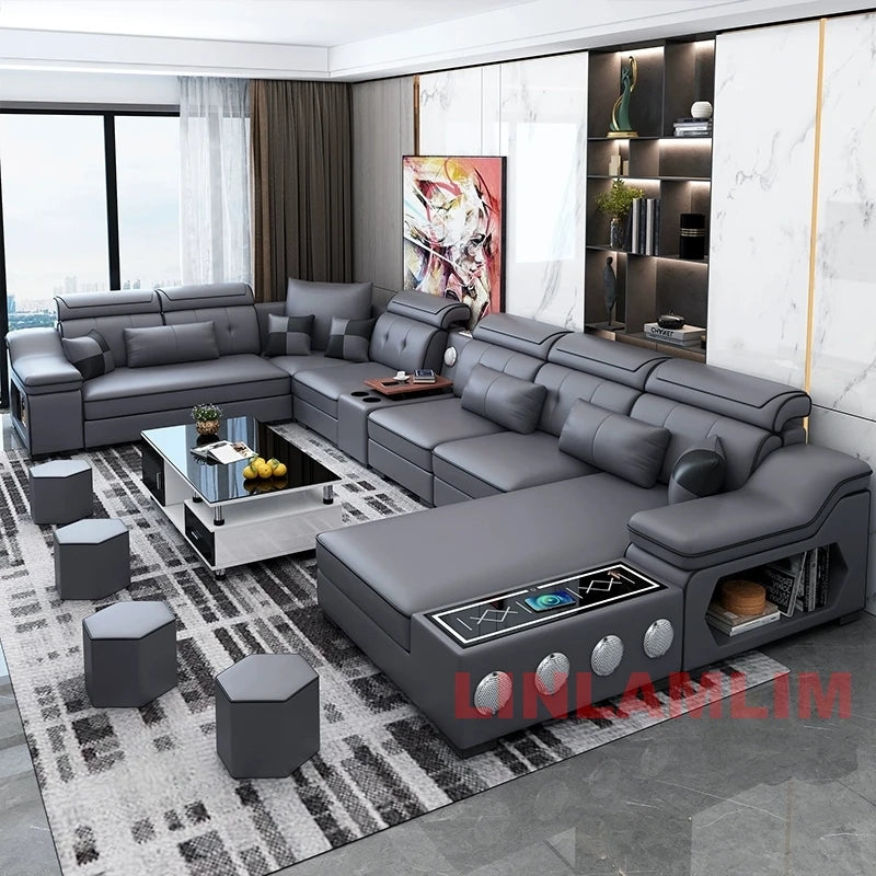 MANBAS Modern Sectional Sofa with Chaise Lounge, Bluetooth Speakers & USB Ports