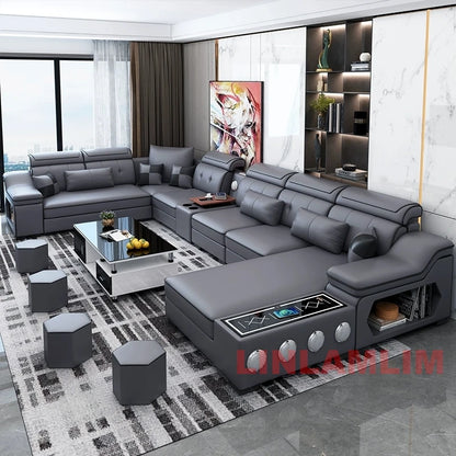 MANBAS Modern Sectional Sofa with Chaise Lounge, Bluetooth Speakers & USB Ports