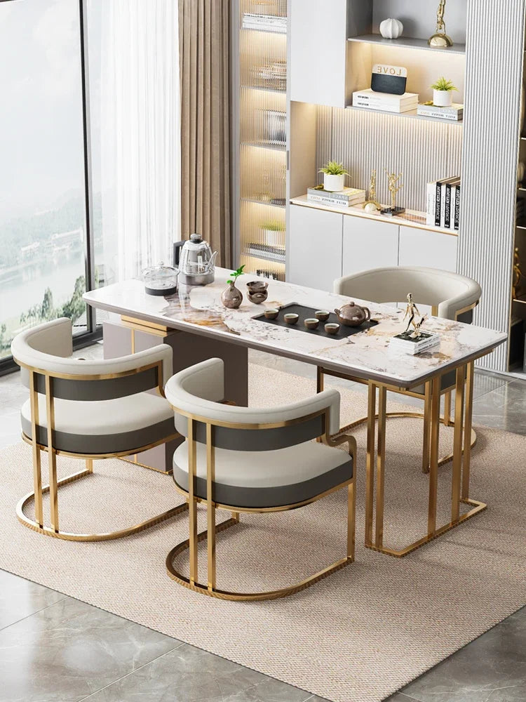 Beige Designer Dining Chairs with Gold Legs & Floor Protectors