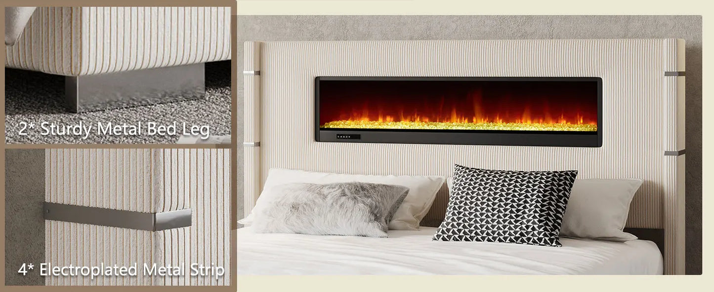 Modern Queen Size Wingback Platform Bed Frame with Built-in Fireplace