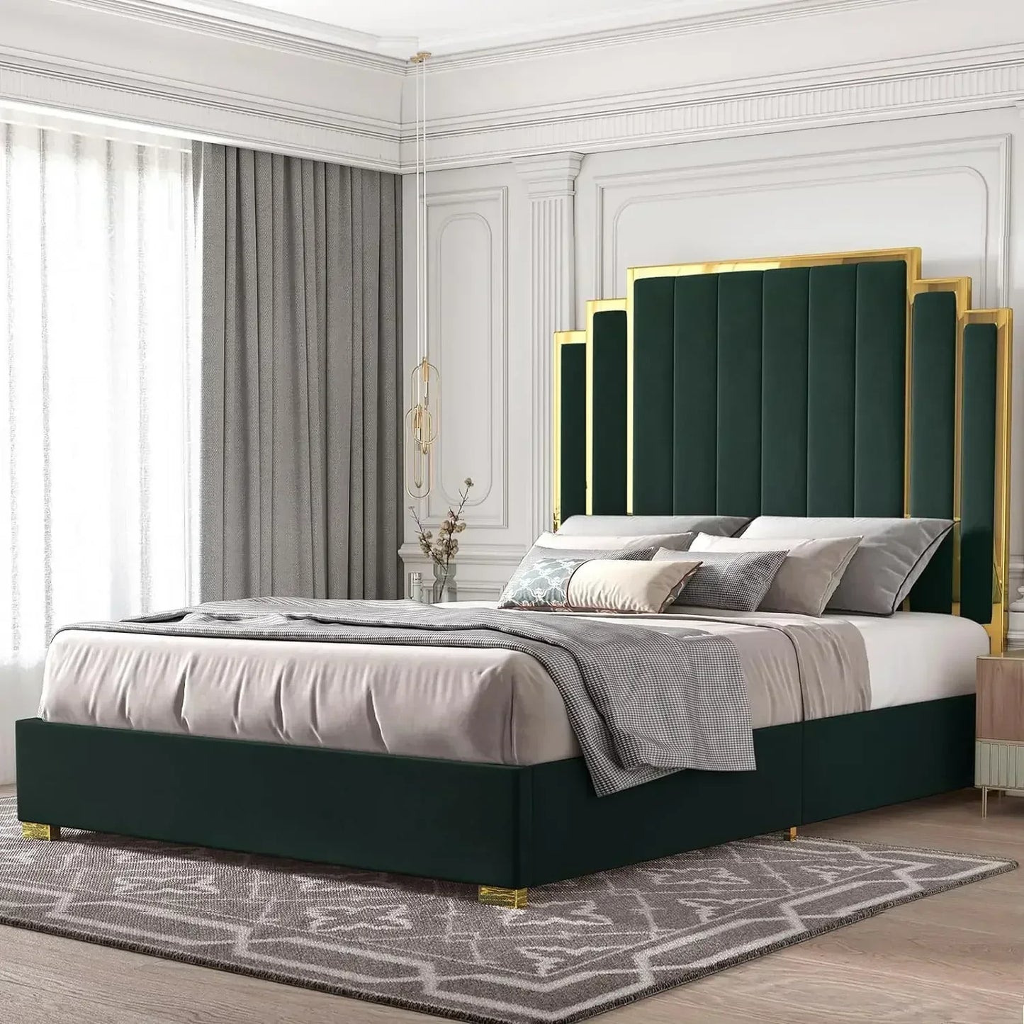 Queen Upholstered Platform Bed with Golden Trim and 61" Headboard.