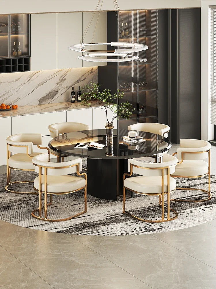 Beige Designer Dining Chairs with Gold Legs & Floor Protectors
