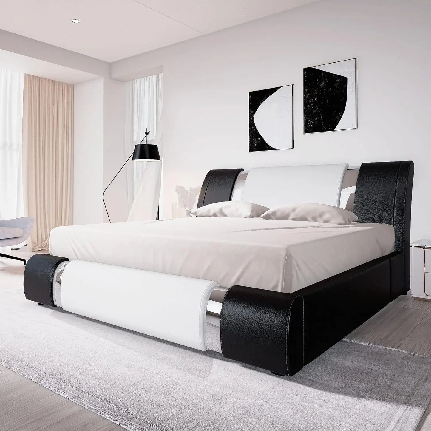 Queen Size Faux Leather Platform Bed with Iron Decor & Adjustable Curved Headboard