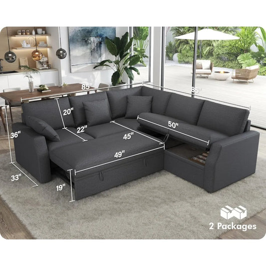 85" L-Shaped Sleeper Sofa Bed with Storage & Pull-Out Design