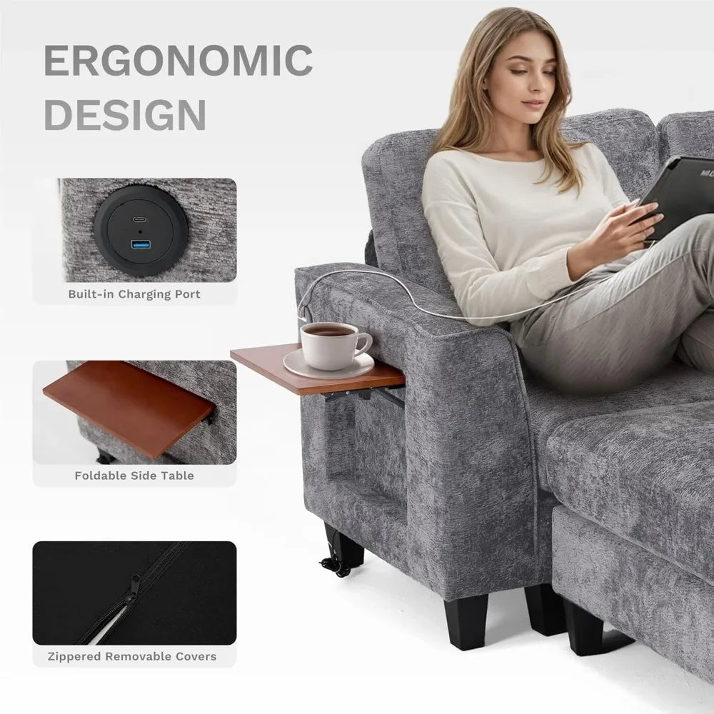 118" U-Shaped Modular Sofa with Ottoman & Foldable Side Table, Brown