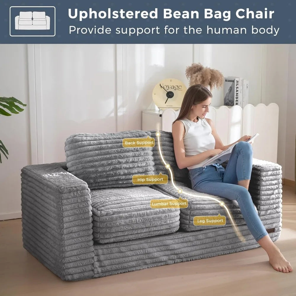 Two-Seat Upholstered Bean Bag Sofa with Pillows & Armrests, Fluffy Loveseat