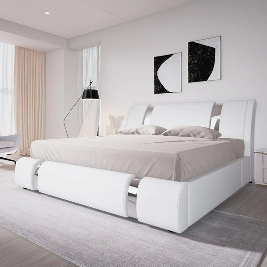 Queen Size Faux Leather Platform Bed with Iron Decor & Adjustable Curved Headboard