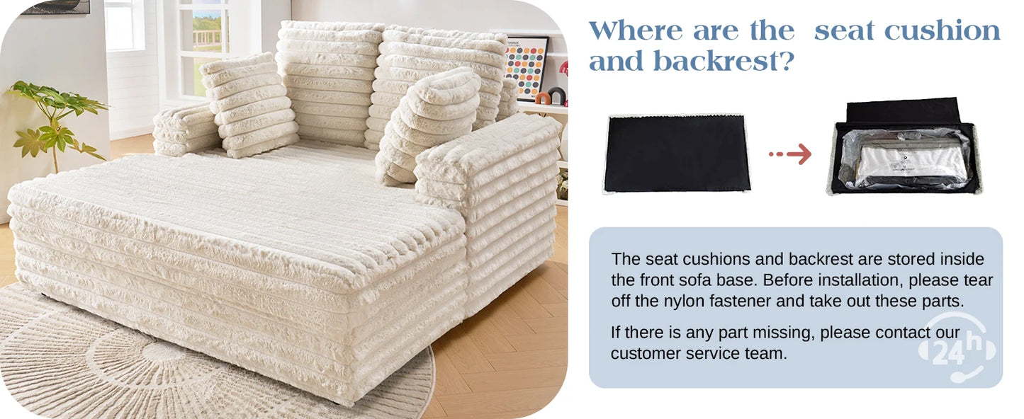 53" Off-White Upholstered Chaise Lounge Sleeper with Pillows & Armrests