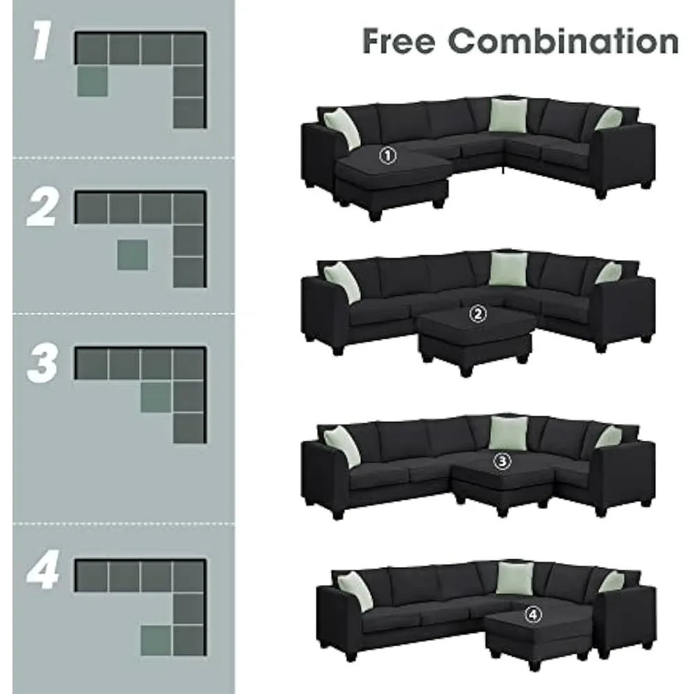 Modern Large U-Shaped 7-Seat Fabric Sectional Sofa with Movable Ottoman