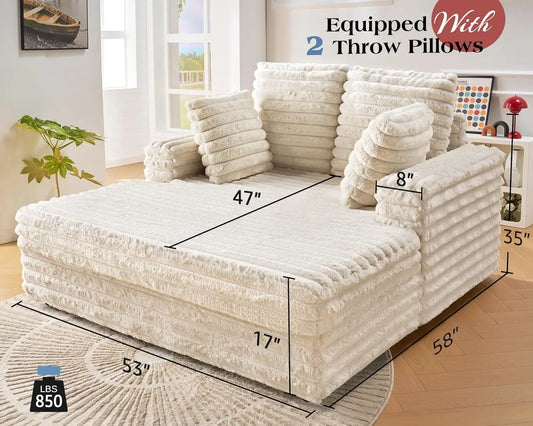 53" Off-White Upholstered Chaise Lounge Sleeper with Pillows & Armrests