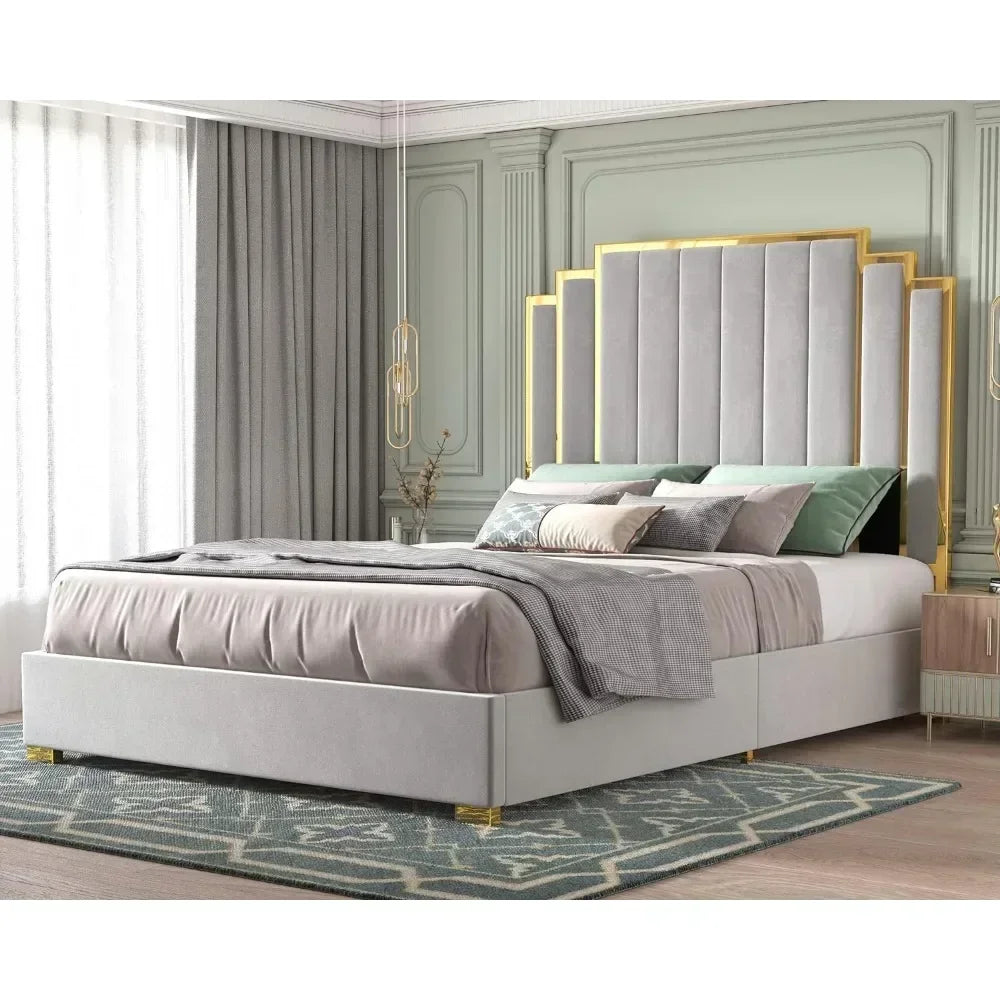 Queen Upholstered Platform Bed with Golden Trim and 61" Headboard.