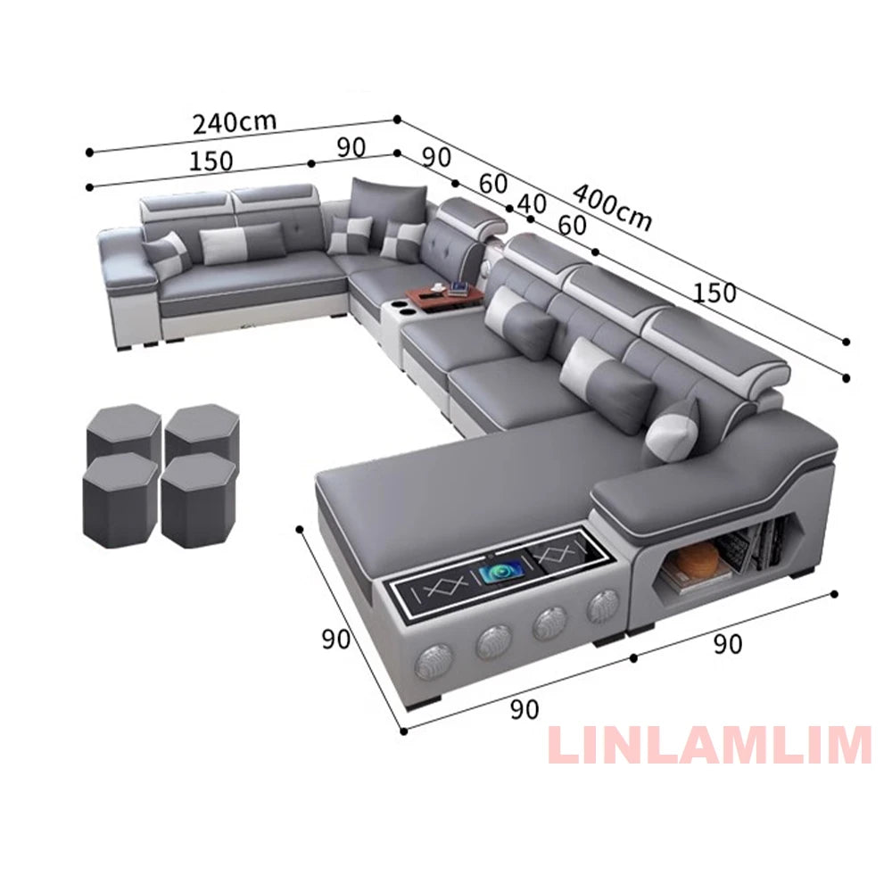 MANBAS Modern Sectional Sofa with Chaise Lounge, Bluetooth Speakers & USB Ports