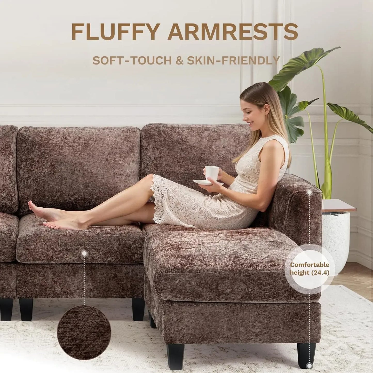 118" U-Shaped Modular Sofa with Ottoman & Foldable Side Table, Brown