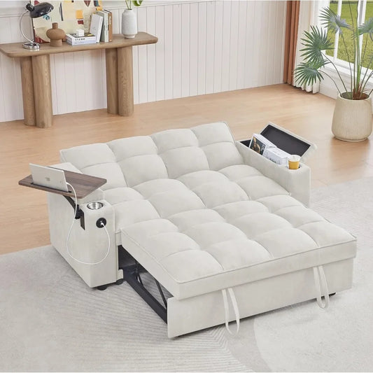 65" 3-in-1 Convertible Queen Sleeper Sofa with Chenille Fabric & Swivel Side Table