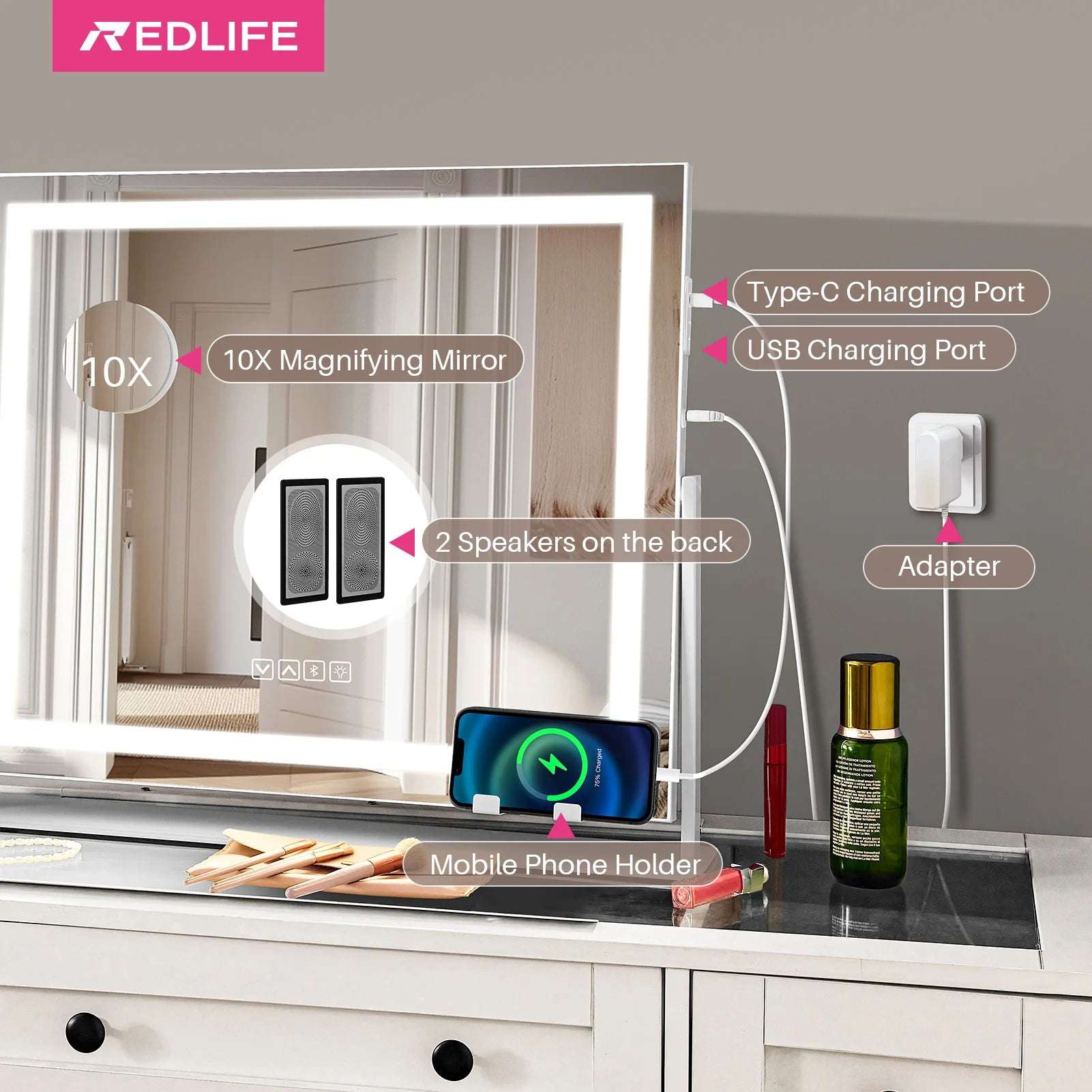 Makeup Mirror ,USB Phone Holder 2 Speakers
