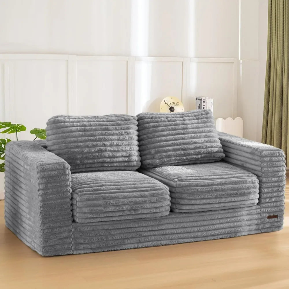 Two-Seat Upholstered Bean Bag Sofa with Pillows & Armrests, Fluffy Loveseat