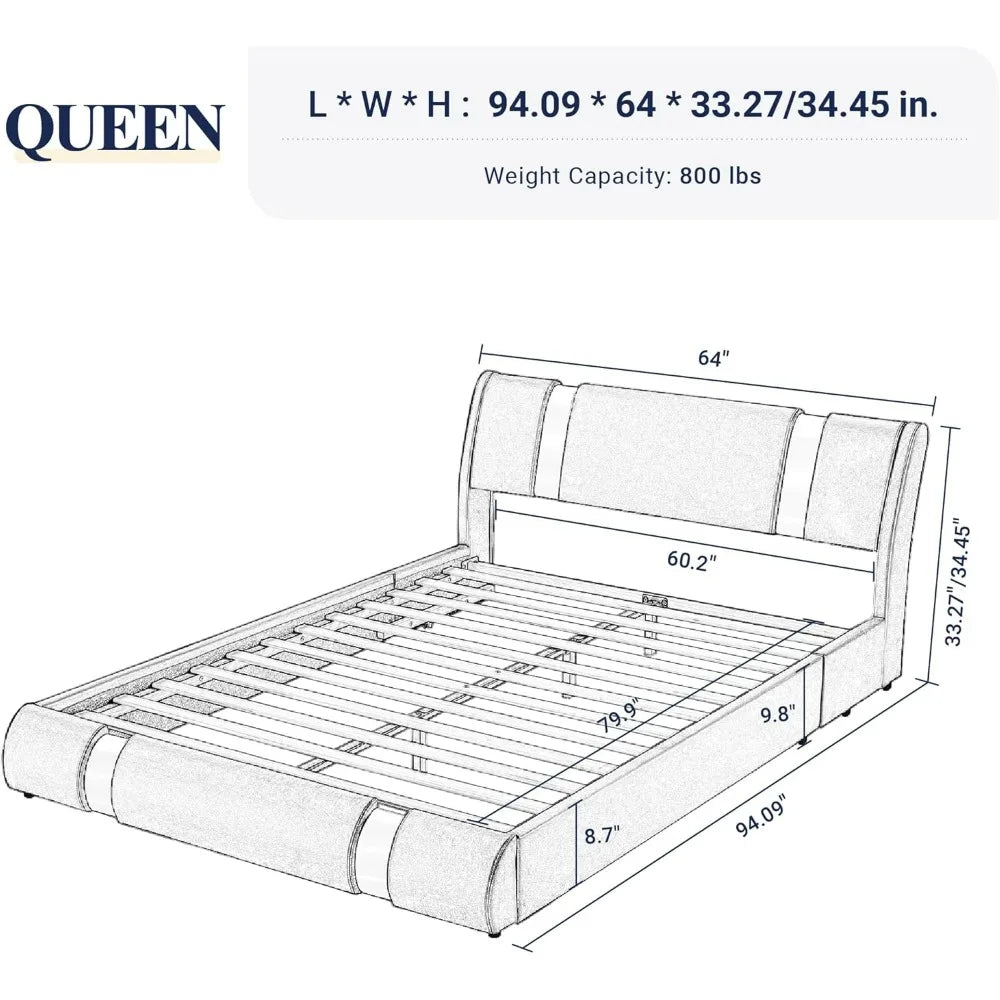 Queen Size Faux Leather Platform Bed with Iron Decor & Adjustable Curved Headboard