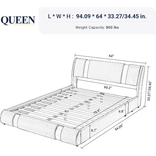 Queen Size Faux Leather Platform Bed with Iron Decor & Adjustable Curved Headboard