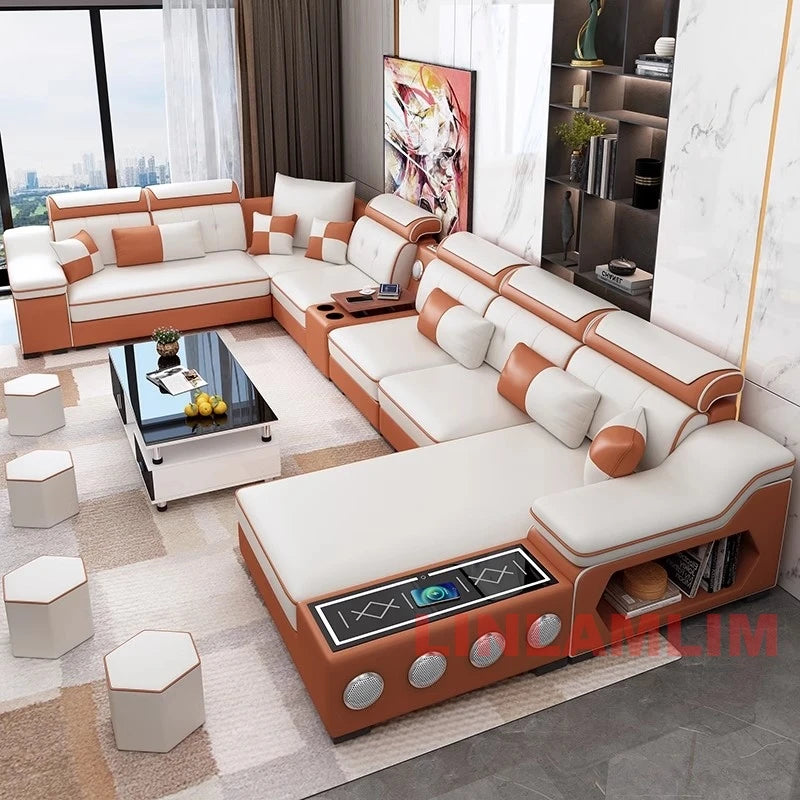 MANBAS Modern Sectional Sofa with Chaise Lounge, Bluetooth Speakers & USB Ports