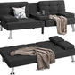Modern Linen Convertible Futon Sofa Bed with Removable Armrests & Cup Holders