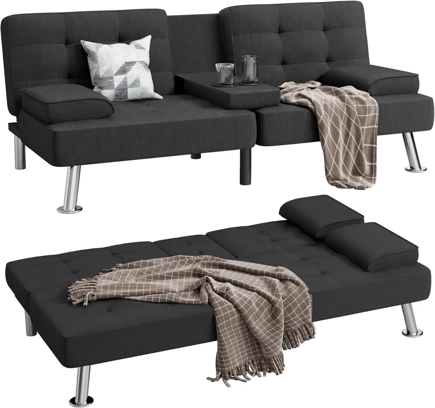 Modern Linen Convertible Futon Sofa Bed with Removable Armrests & Cup Holders