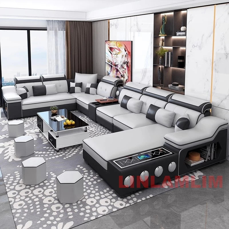 MANBAS Modern Sectional Sofa with Chaise Lounge, Bluetooth Speakers & USB Ports