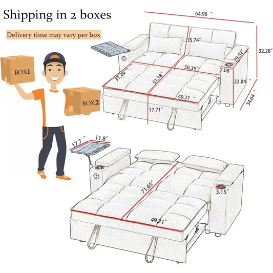 65" 3-in-1 Convertible Queen Sleeper Sofa with Chenille Fabric & Swivel Side Table