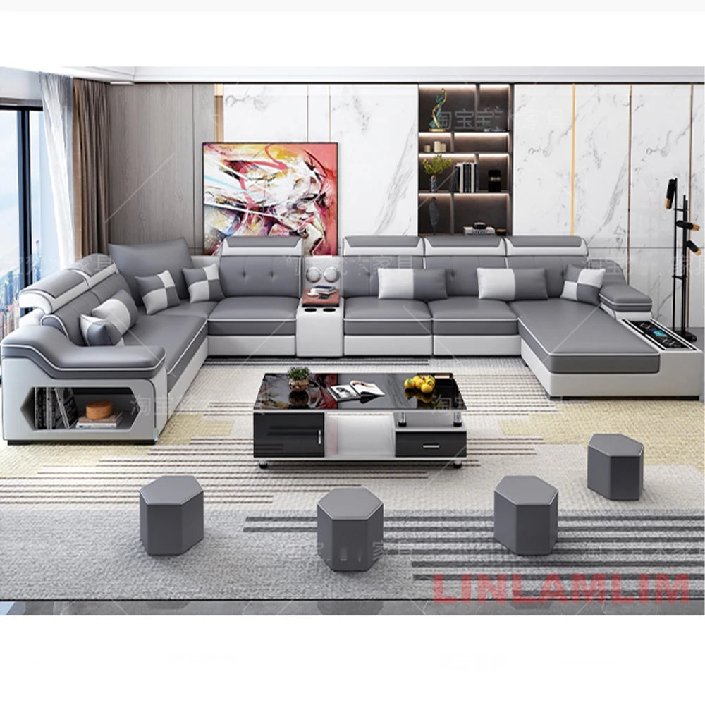 MANBAS Modern Sectional Sofa with Chaise Lounge, Bluetooth Speakers & USB Ports