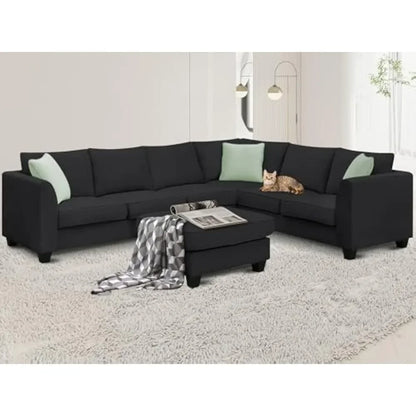 Modern Large U-Shaped 7-Seat Fabric Sectional Sofa with Movable Ottoman
