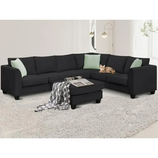 Modern Large U-Shaped 7-Seat Fabric Sectional Sofa with Movable Ottoman