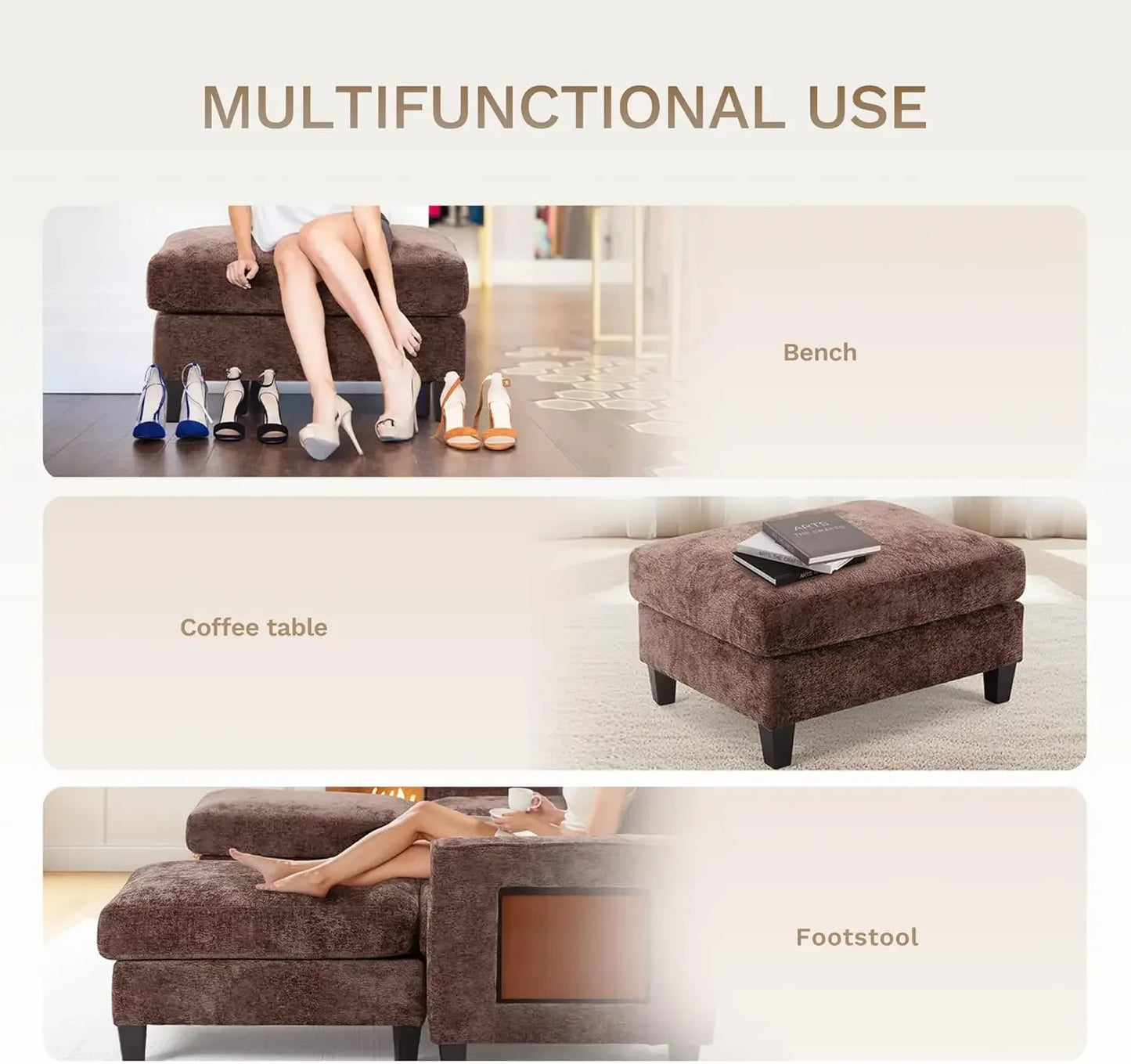 118" U-Shaped Modular Sofa with Ottoman & Foldable Side Table, Brown
