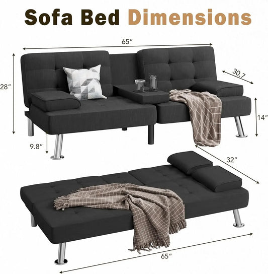 Modern Linen Convertible Futon Sofa Bed with Removable Armrests & Cup Holders