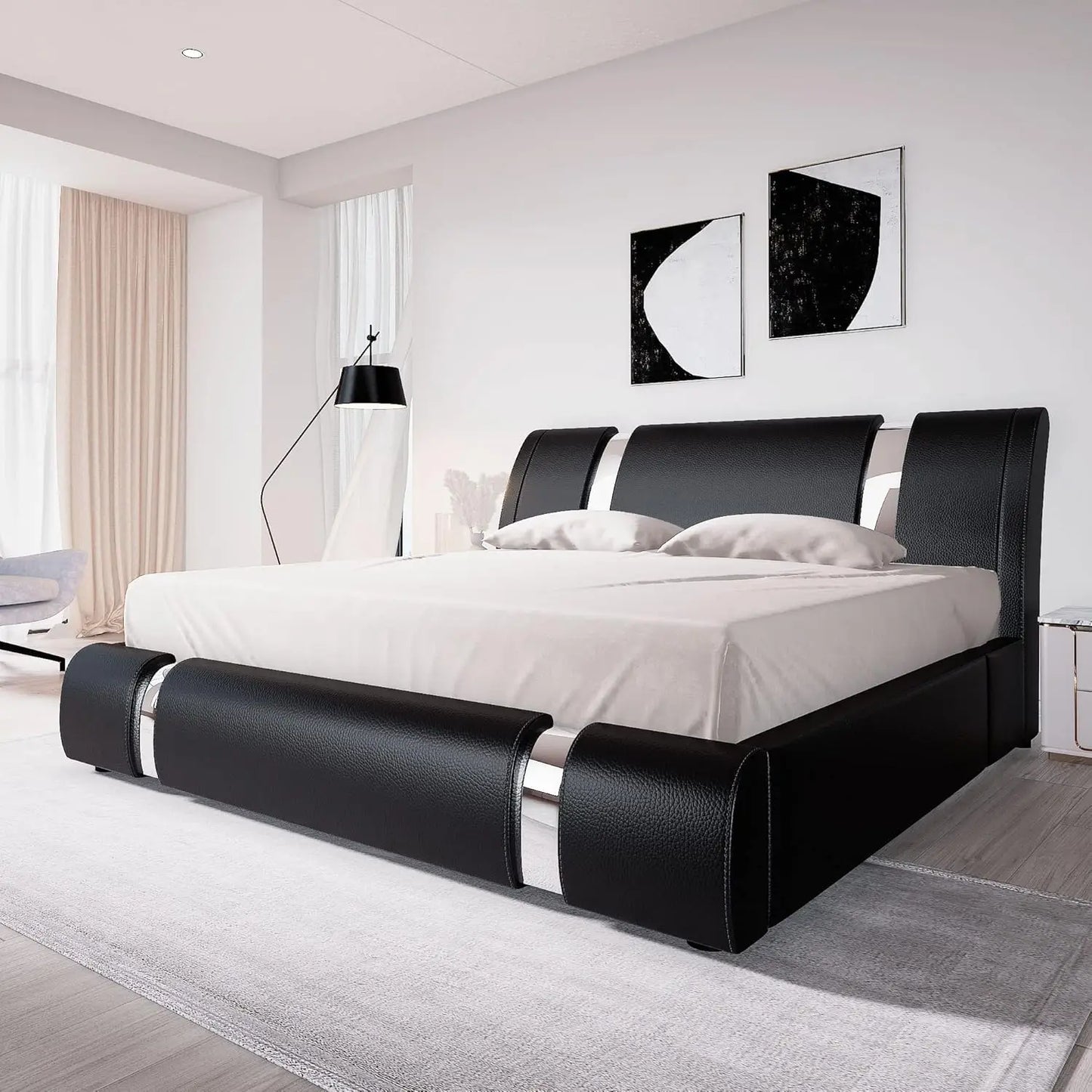 Queen Size Faux Leather Platform Bed with Iron Decor & Adjustable Curved Headboard