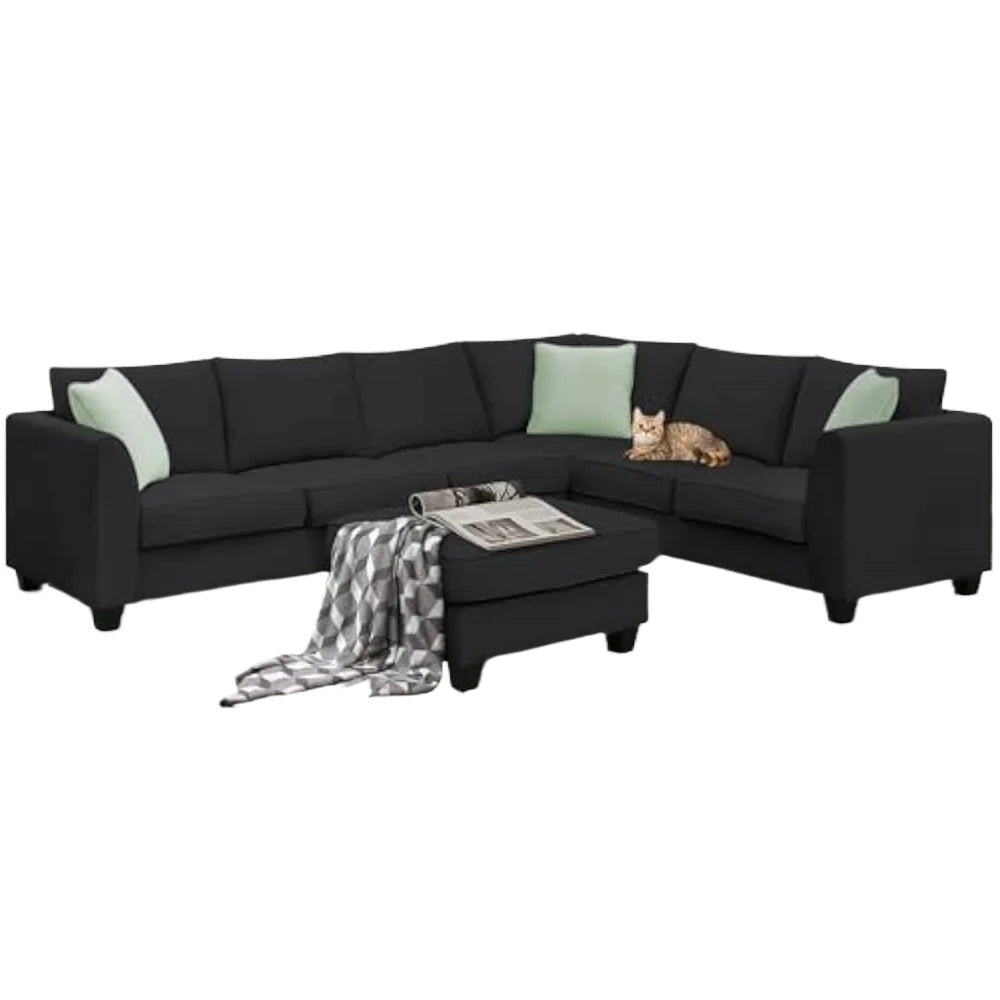Modern Large U-Shaped 7-Seat Fabric Sectional Sofa with Movable Ottoman