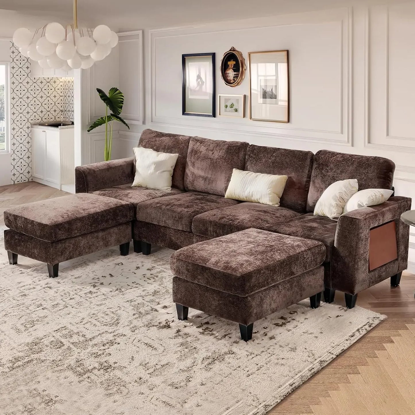 118" U-Shaped Modular Sofa with Ottoman & Foldable Side Table, Brown